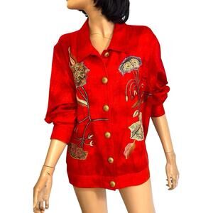 Red Floral Embroidered Jacket XL Artsy Boho Button Front